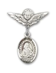 Sterling Silver Baby Badge with Our Lady of the Railroad Charm and Angel with Wings Badge Pin