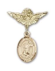 14K Gold Baby Badge with St. Stephanie Charm and Angel with Wings Badge Pin