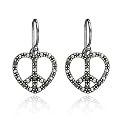Sterling Silver Marcasite Peace-Sign Heart Wire Earrings