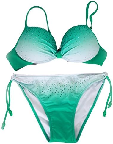 Telaura Luxury Rhinestone Women's Push Up Bikini Set Two Piece Sexy Swimwear Triangle Swimsuit Low Waist (L, Green)
