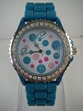 Ladies Retro Dots Watch with Blue Silicone Band - Womens Fashion Watch with Rhinestone Bezel