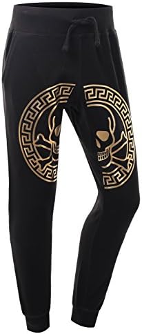 HUSTLEAVENUE Mens Hipster Hip Hop Gold Skull Jogger Sweatpants BLACK XLARGE