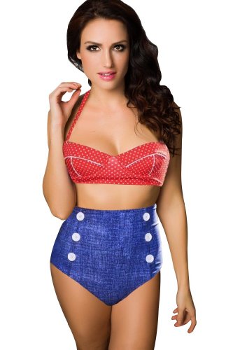 Ninimour- Vintage Bathing Suit for Women High Waisted Bikini Denim Bottom