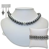 Classic Black Authentic Swarovski Pearl with Fireball Necklace, Bracelet, and Earrings Set, 10mm
