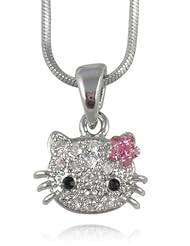 Cheap Girls Jewelry Small Adorable 1/2" Crystal Kitty Pendant and Necklace with Pink Flower Bow Silver Tone Rhodium Plated - Comes Gift Boxed For Sale