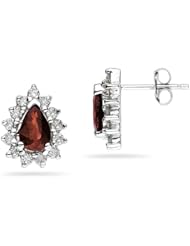 6X4mm Pear Shaped Garnet and Diamond Flower Earrings in 14k White Gold