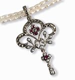 Fleur-de-lis Ruby Silver Natural Seed Pearl Pendant w. Double Strand Cultured Pearl Chain, White - by Dahlia Vintage Jewelry Collection