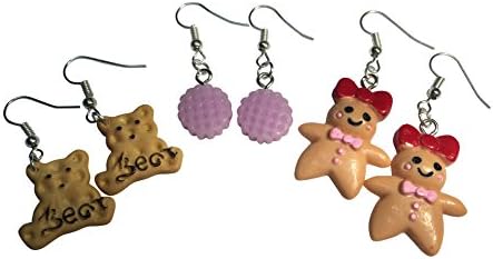 3 Cute Pairs of Kawaii Girls Teddy Bear Cookie, Purple Waffle and Gingerbread Earrings from Jenna Lyn