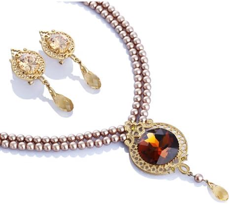 Pearls Chain, CZ and Swarovski Crystals, ''Queen Ann'' Pendant Necklace & Dangling Earrings Set. Vintage Costume Jewellery which is Timeless, Double Line of Pearls Chain Adorn a Filigree CZ crystals Pendant with A Swarovski Elements Pear Drop Cut crystal. 3 Colour Options.