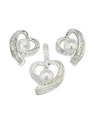 Sterling Silver 7.5MM White Freshwater Cultured Pearls with Half Baguette Heart Earrings and Pendant Set 16 inches chain