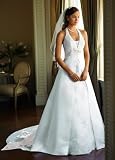 David's Bridal Wedding Dress: Satin A-line Halter with Split Front Style T9218