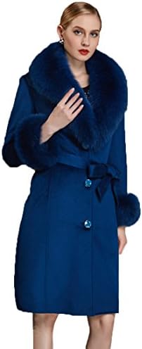 Sheinsilk Women's High Grade 95% Real Wool Mink Fur Collar Coat 2XL Cowboy Blue