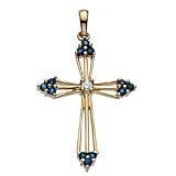 14K Yellow Gold Sapphire and Diamond Cross Pendant - 28.00x20.00mm