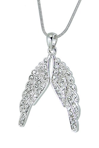 Angel Wings Silver Tone Charm Pendant with White Crystals & 17\