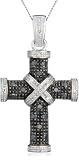 9ct White Gold Black & White Diamond Cross Pendant + Curb Chain (Adjustable) 18
