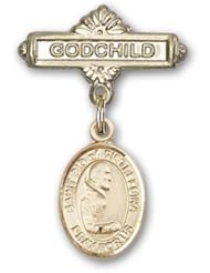 14K Gold Baby Badge with St. Pio of Pietrelcina Charm and Godchild Badge Pin