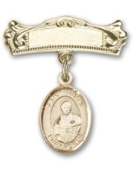 Gold Filled Baby Badge with St. Pius X Charm and Arched Polished Badge Pin