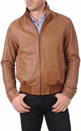 Leather Scan Men's Lambskin Leather Bomber Biker Jacket Large Tan
