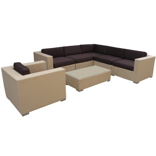 Lexington Modern Corona 7-Piece Outdoor Rattan, Tan with Brown Cushions