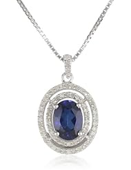 Sterling Silver Created Ceylon Sapphire and 1/4cttw Diamond Oval Pendant Necklace, 18"