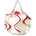 Stylish White, Hot Pink Ruffle Round Shape Double Beaded Handle Soft Leatherette Handbag Satchel