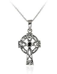 Sterling Silver Celtic Knot Sun Cross and Black Glass Center Stone Pendant Necklace with Rolo Chain, 18"