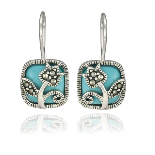 Sterling Silver Marcasite and Lab Created Turquoise Tulip Earrings