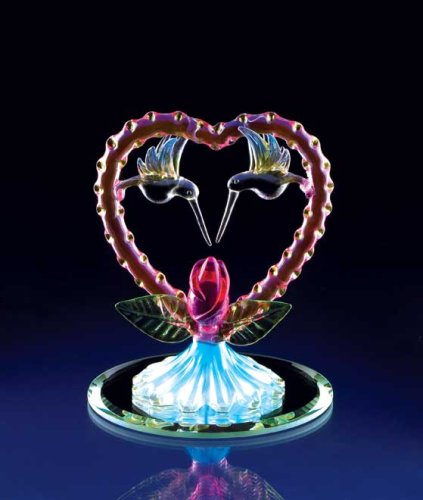 Hummingbirds and Heart with Rose - Spun Glass on Mirrored Base