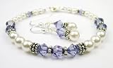 December Tanzanite Birthstone Bracelets and Earring SETS: Swarovski Crystal Beaded Pearl Bracelets in Sterling Silver