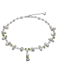 Sterling Silver 5-6mm Baroque Freshwater Pearl with 4-5mm White and Green Gemstones Y-Necklace 16"+2" Extended Chain.