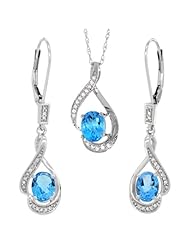 14K White Gold Natural Swiss Blue Topaz Lever Back Earrings & Pendant Set Diamond Accent
