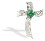 14K White Gold Genuine Square Emerald and Diamond Cross Pendant