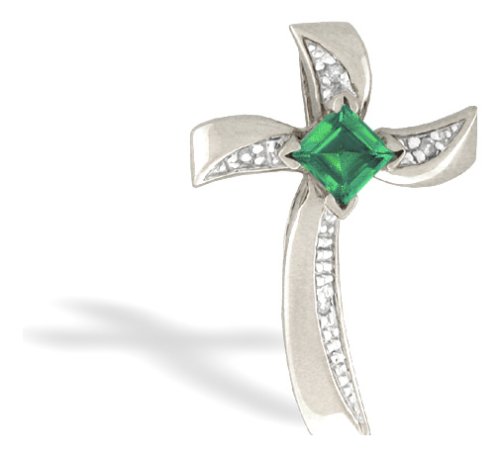 14K White Gold Genuine Square Emerald and Diamond Cross Pendant