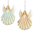 Set of 2 Peach & Green Angel Seashell Christmas Ornaments