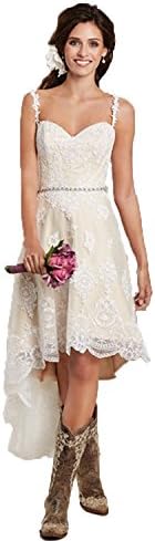 Wallbridal Rustic High Low Lace Hem Detachable Long Train Wedding Dress Prom Dress (2, White)