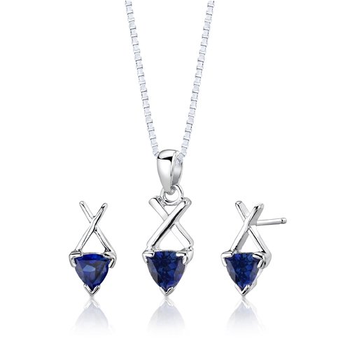 Sterling Silver Trillion Cut Sapphire Pendant Earrings and 18 inch Necklace Set
