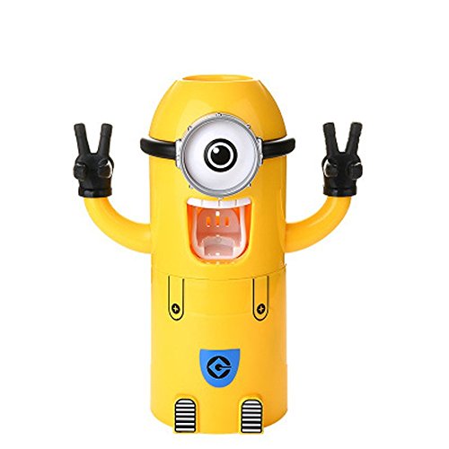 Toothbrush Holder Automatic Toothpaste Dispenser with Brush Cup Cute Minions Design Wash Set Yellow (One eye)