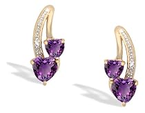 14K Yellow Gold Genuine Heart Amethyst and Diamond Earrings