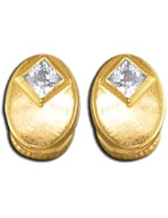 14K Yellow Gold White Princess Cut CZ Diamond Oval Stud Earrings