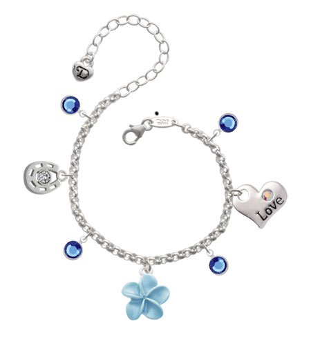 Pearl Blue Plumeria Flower Love & Luck Charm Bracelet with Sapphire Swarovski...