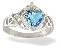 14K White Gold Genuine Heart Blue Topaz Celtic Claddagh Ring
