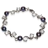Dark Purple Fresh Water Pearl with Cz Stone & Rhodium Plated Bracelet [Jewelry]