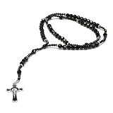 Black Crystal Rosary with Faceted Rondelle Beads Jesus Cross in 8mm x 8mm - 28'' Necklace - 21'' Overall Length