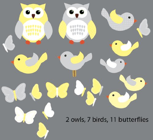 Yellow and Gray Birds and Owls Wall Decals for Kids Room, Birds and Owls