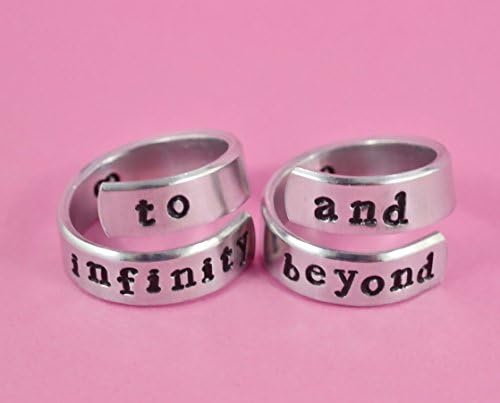 to infinity and beyond - Hand Stamped Aluminum Spiral Rings, Best friend Rings, Couples Ring Set, Lovers Rings, Personalized Message Jewelry, Newsprint Font
