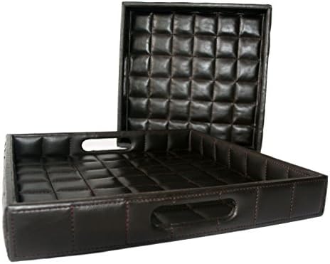 WOOSAL Square Checked Leather Grid Design Serving Tray with Handles Set of 2(Brown)