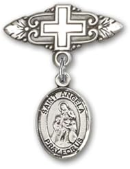Sterling Silver Baby Badge with St. Angela Merici Charm and Badge Pin with Cross