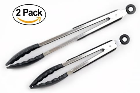 Bailyn kitchen tongs, 2 pack of 9'' &amp; 12'' serving tongs stainless steel with silicone rubber tips and lock up chips. heave duty Utility salad cooking food grill bbq tongs nonstick kitchen utensils