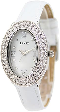 Lantz Swarovski Crystal Studded Oval Face Leather Strap Water Resistant Watch - No. 1050 (Dial White, Band Color White)