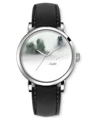 SPRAWL Aanalog Fashion Series Silver Ladies Watches of Genuine Black Leather Strap,Unique Wrist Watch for Women Girls Designed with Landscape in mist